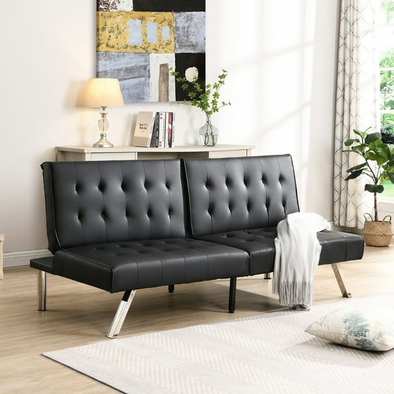 Black PVC Leather Futon Sofa Bed with Wood Frame and Stainless Leg / Ergonomic Design, Suitable for Any Scene, High Weight Limit