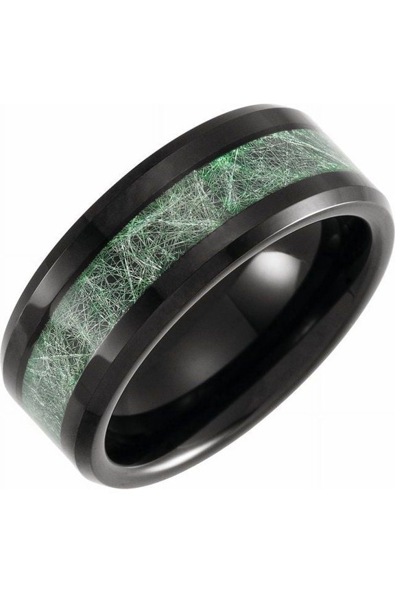 Black PVD Tungsten 8 Mm Polished Beveled-Edge Imitation Meteorite Inlay Comfort-Fit Band Size 10