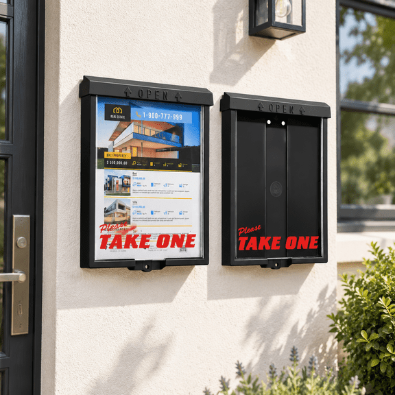 Black Pack of 2 Outdoor Brochure Boxes with Snap Shut Lids, Document Holders for 8.5x11 Flyers and Literature