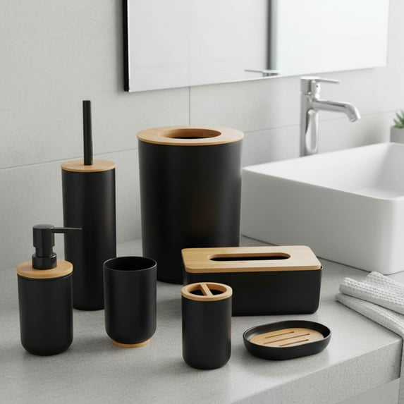 Black Padang Bathroom Accessory Set 7-Pieces Bamboo