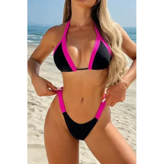 Black Padded Halter-Neck Triangle Lace-Up Bikini Set – Sexy Adjustable Swimwear for Women
