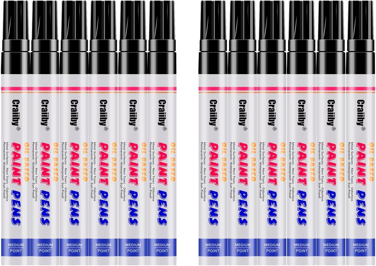 Black Paint Markers, 12 Pack Oil-Based Waterproof Quick Dry Permanent Paint Pen Set for Rocks Painting, Wood, Fabric, Plastic, Canvas, Glass, Mugs, Metal, Tire, Stone, DIY Craft