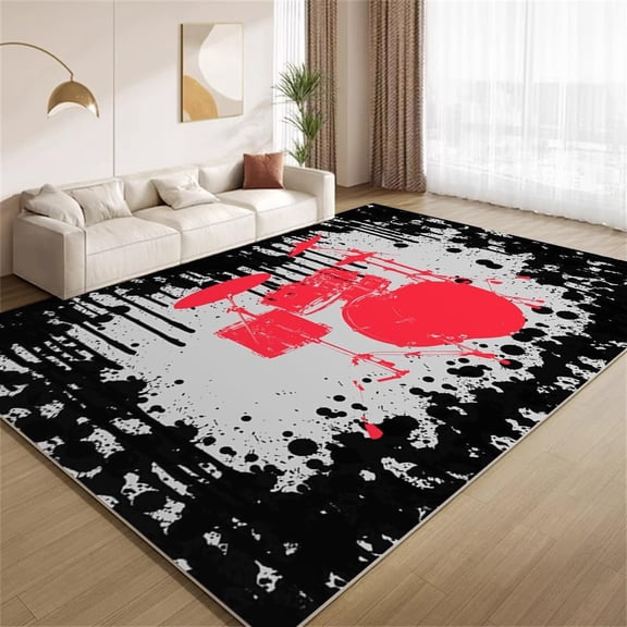 Black Paint Splatter Area Rugs, Vintage Drum Set Carpet, Non Slip Low Pile Washable Indoor Rug for Living Room Farmhouse Bedroom Apartment Home Decor Mat 2x3ft
