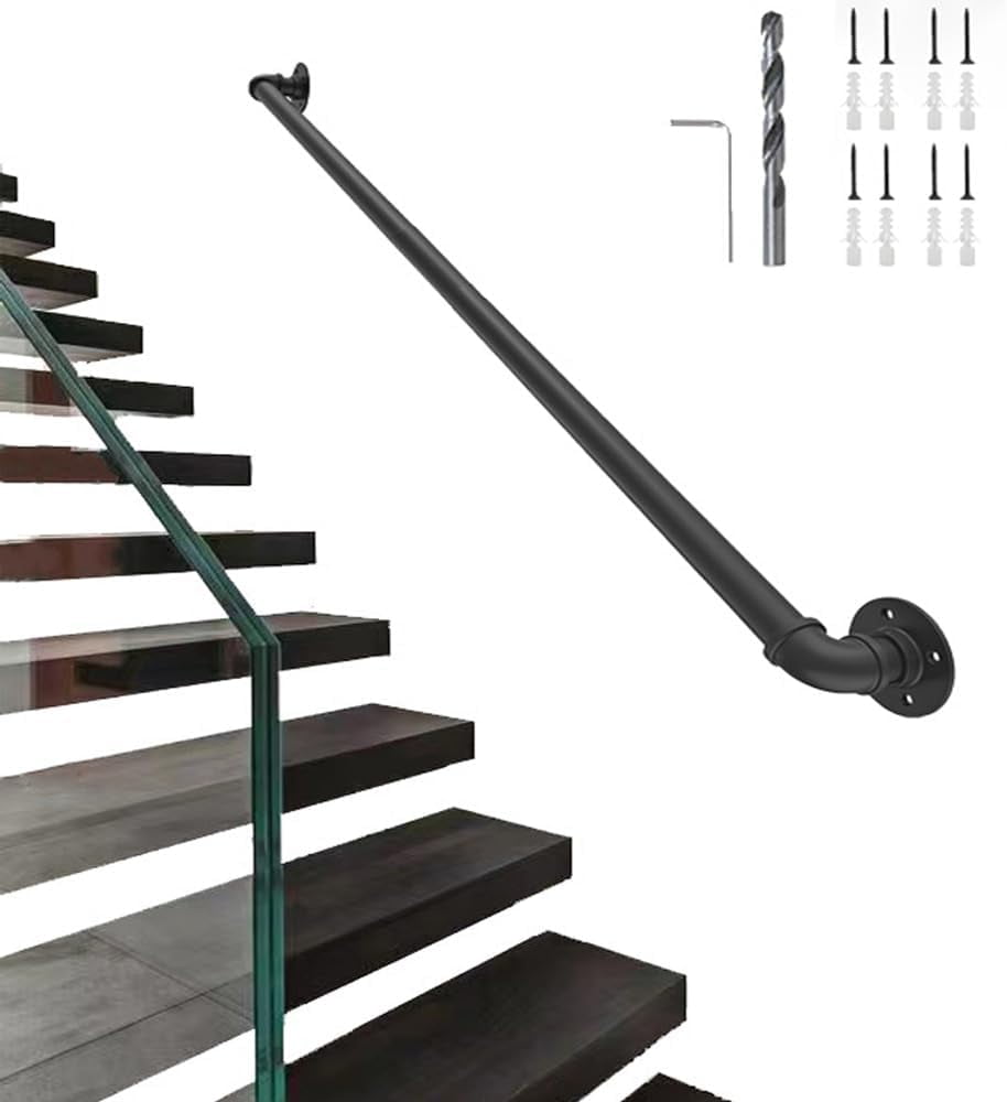 Black Painted Metal Industrial Pipe Stair Handrail, 3FT, Industrial Pipe Handrail with Wall Mount Support