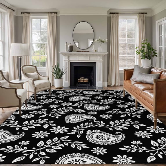 Black Paisley Area Rugs 5'x8', Washable Small Throw Rugs for Classroom Bedroom, Ethnic Vintage Floral Botanical Abstract Indoor Outdoor Rug Non-Slip Low Pile Carpet Runner Reversible Floor Mats