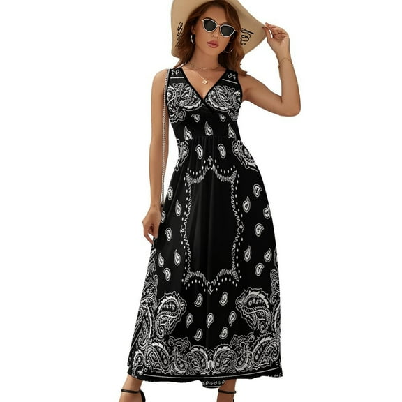 Black Paisley Bandana Pattern Dress Summer Street Style Bohemia Long Dresses Female Sleeveless Printed Maxi Dress