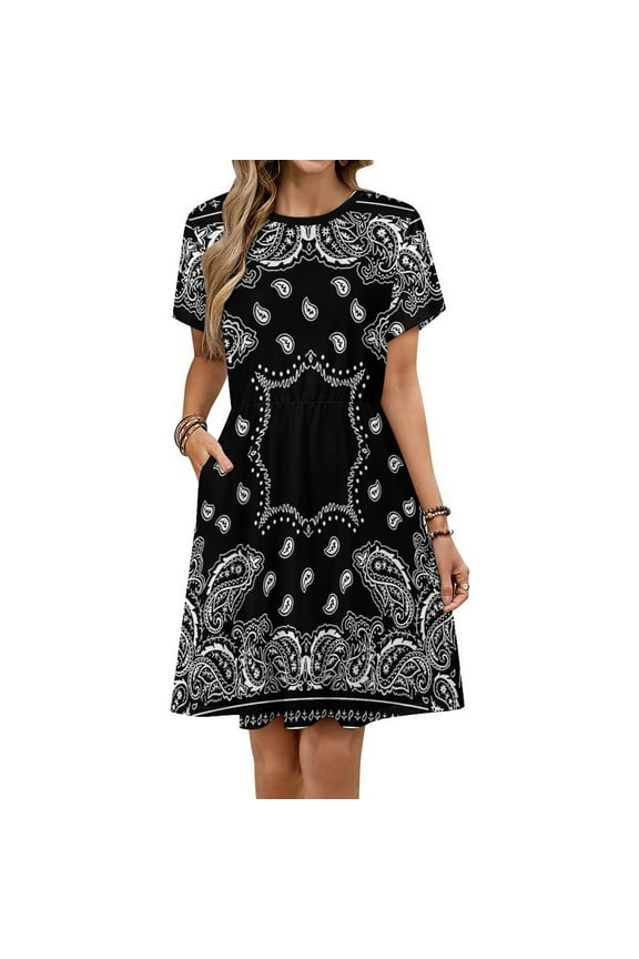 Black Paisley Bandana Pattern Short Sleeve Dress Women Summer Evening Dresses Ladies Sundress