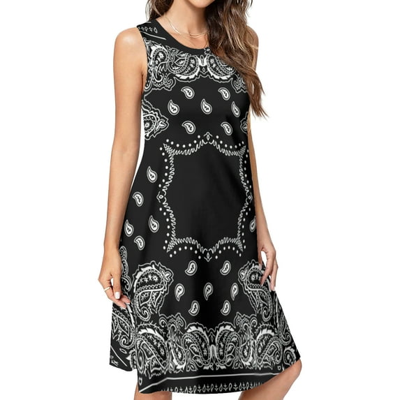 Black Paisley Bandana Pattern Spring Summer Dresses for Women Fashion T-shirt Dress Casual Sleeveless Loose Sundress with Pockets