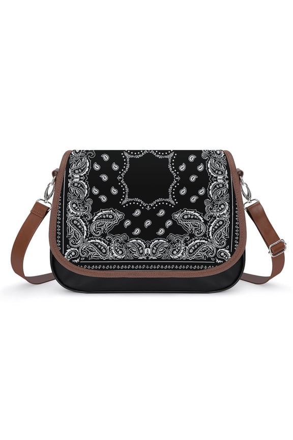 Black Paisley Bandana Pattern Vintage Crossbody Bag for Women Medium Leather Hobo Bags Shoulder Bag Classic City Leather Satchels