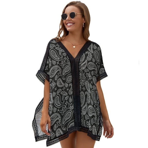 Black Paisley Bandana Pattern Women's Swimsuit Coverup Summer Beach Cover Up Bathing Suit Dress