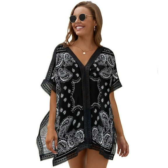 Black Paisley Bandana Pattern Women's Swimsuit Coverup Summer Beach Cover Up Bathing Suit Dress