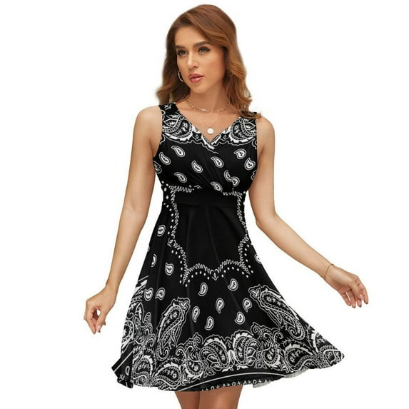 Black Paisley Bandana Pattern Women's Tank Dress V Neck Sleeveless Summer Sundress