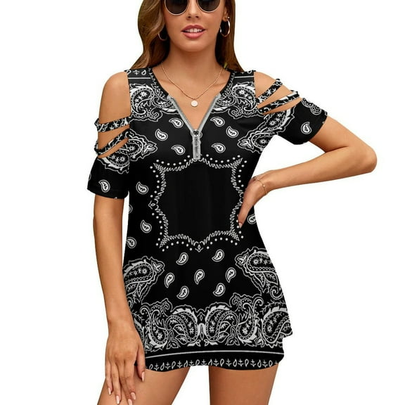 Black Paisley Bandana Pattern Womens Summer V Neck Zipper Top Short Sleeve T Shirt Off Shoulder Top Casual Classy Loose Shirts