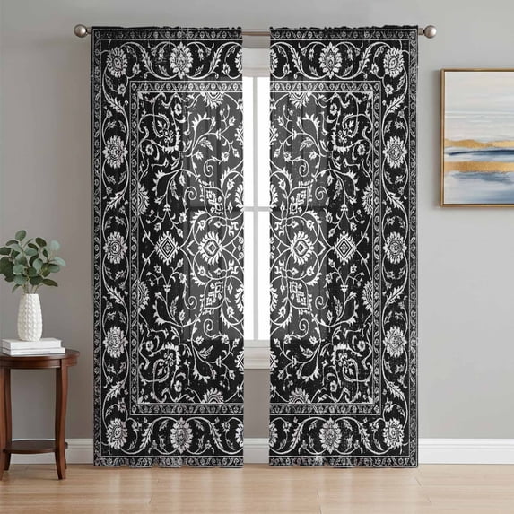 Black Paisley Boho Sheer Curtains 84 Inch Length 2 Panels Set, Abstract Art Floral Aesthetic Voile Window Treatment Rod Pocket Curtains Sheers Drapes for Bedroom/Living Room/Kitchen 52"x84"x2