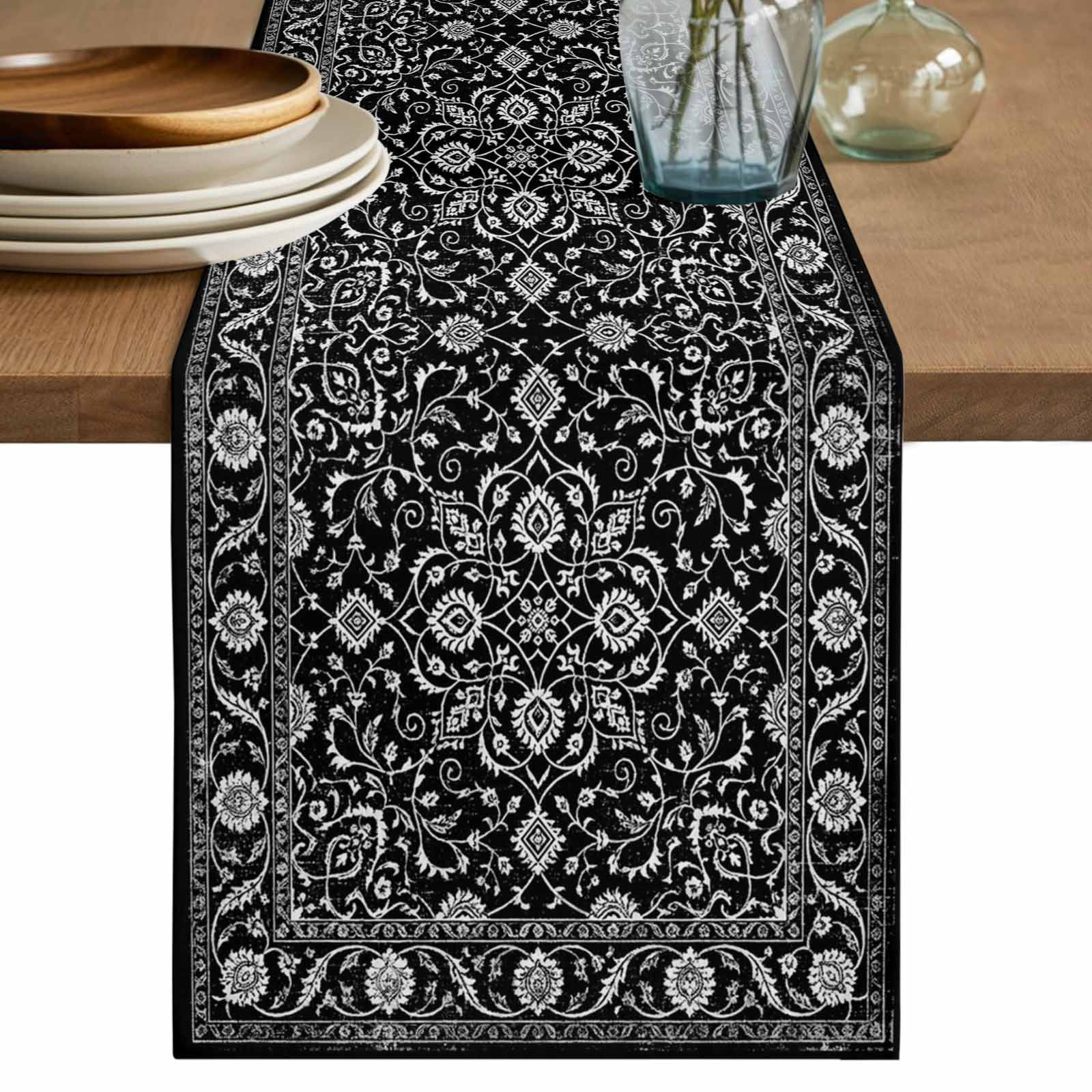 Black Paisley Boho Table Runner 72 Inches, Abstract Art Floral ...