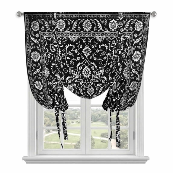 Black Paisley Boho Tie Up Curtains for Kitchen Windows,Adjustable Rod Pocket Valance 45 Inch Short, Abstract Art Floral Aesthetic Window Treatment Balloon Roman Blind Shade, 52" x 45"