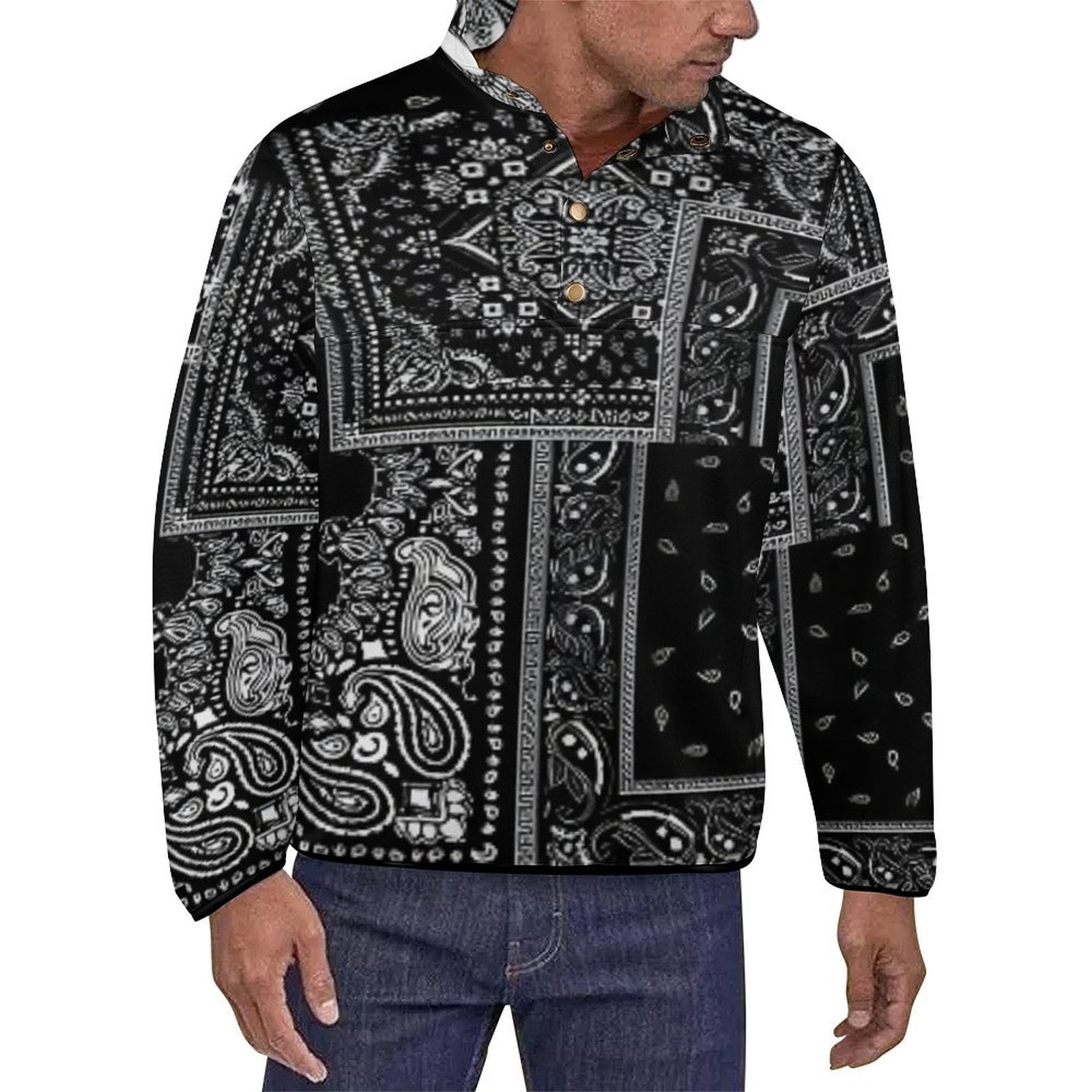 Man wearing a black paisley floral bandana print sweater