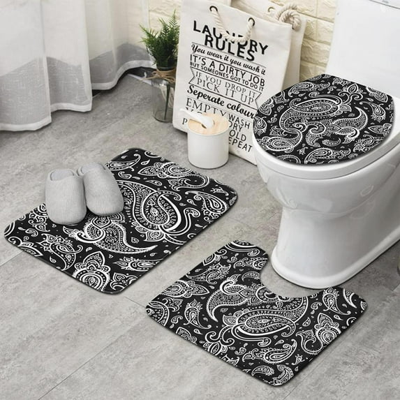 Black Paisley Pattern Bathroom Rugs Sets 3 Piece,Toilet Cover Set,Absorbent Non Slip Bathroom Mats Sets with U-Shaped Contour Rug Toilet Rug Set