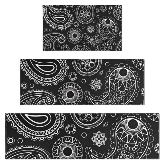 Black Paisley Pattern Kitchen Rugs Sets Of 3,Kitchen Runner Rugs Non Skid Washable,Decorative Kitchen Floor Mats for Kitchen,Sink,Laundry,17"x30"+ 17"x47" + 17"x59"