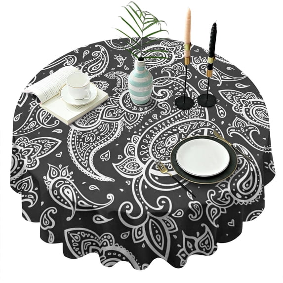 Black Paisley Pattern Round Tablecloth 60"x60",Wrinkle Wipeable Table Cloth for Kitchen Dining Room Picnic Patio Party