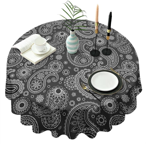 Black Paisley Pattern Round Tablecloth 60"x60",Wrinkle Wipeable Table Cloth for Kitchen Dining Room Picnic Patio Party
