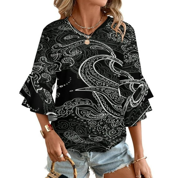 Black Paisley Pattern Women's V-Neck Blouse With 3/4 Ruffled Bell Sleeves Casual Top Ladies Blouses