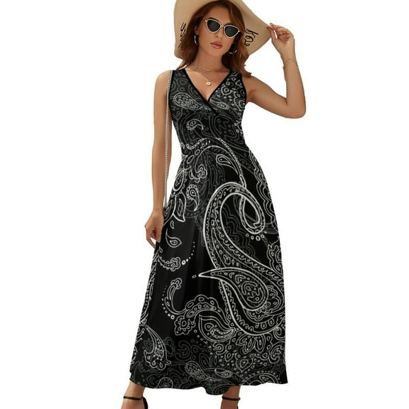 Black Paisley Pattern Womens Night Club Maxi Dress V Neck Sleeveless Bohemia Long Dresses