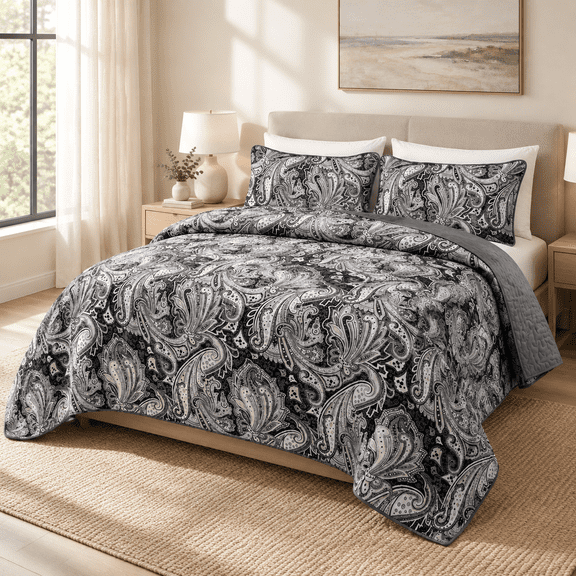 Black Paisley Quilt Set Queen Size Boho Bedspread Coverlet 3 Pieces
