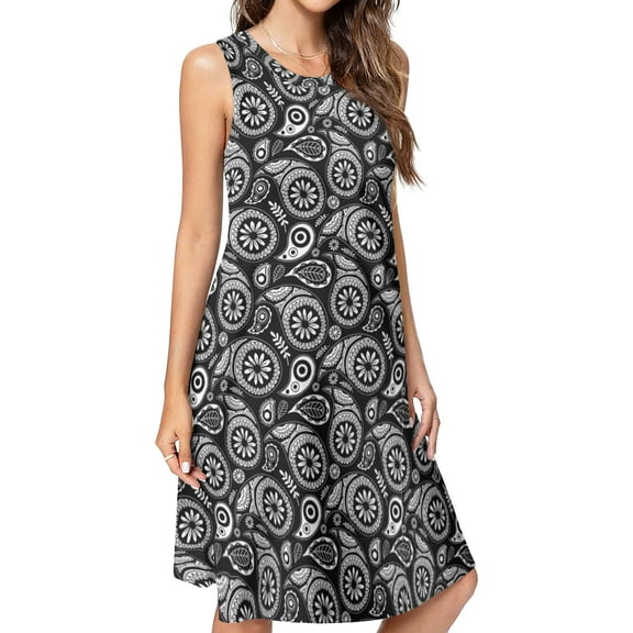 Black Paisley bandana pattern Spring Summer Dresses for Women Fashion T-shirt Dress Casual Sleeveless Loose Sundress with Pockets