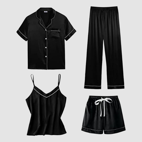 Black Pajama Set Satin Pyjamas Women's Short 4 Piece Pyjamas Short Sleeve Sleepwear and Shorts Set Women Sets Leisure Suit Loungewear