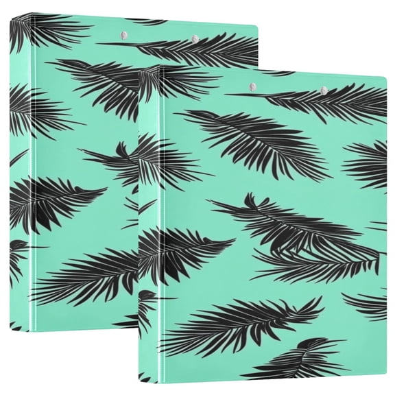Black Palm Leaf Print 12.4x10.6in PVC Round Ring Binders, 2-Pack, D-Ring 3-Hole, Metal Clip
