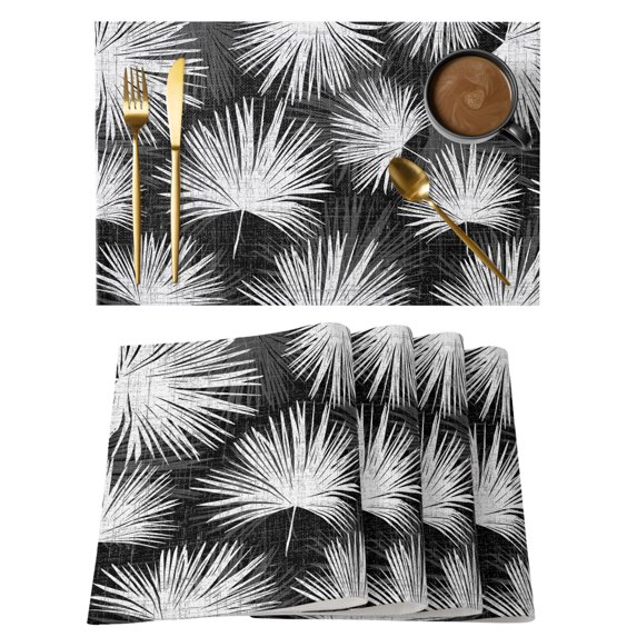 Black Palm Leaves Coastal Placemats Set of 12 Summer Tropical Botanical Boho Place Mats Indoor Wipeable Table Mats Washable Cloth Dining Table Placemats for Kitchen Holiday Party Decor 13x19 Inch