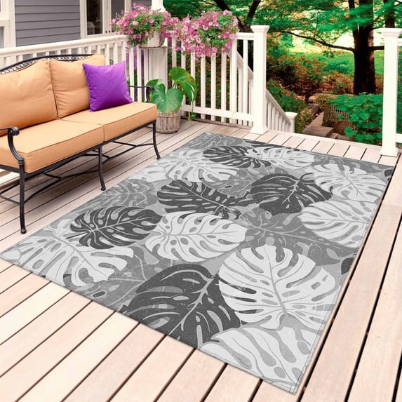 Black Palm Leaves Outdoor Rug for Patio/Deck/Porch, Non-Slip Large Area Rug 4 x 6 Ft, Tropical Coastal Botanical Summer Indoor Outdoor Rugs Washable Area Rugs, Reversible Camping Rug Carpet Runner