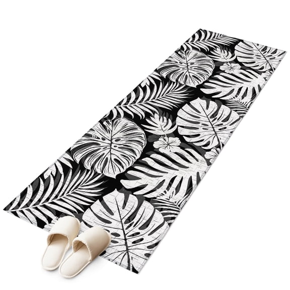 Black Palm Leaves Washable Runner Rugs 2'x6', Tropical Botanical Minimalist Modern Low Pile Throw Entryway Rug Non-Slip Sturdy Edge Binding Carpet for Indoor Bedside Entrance Bedside