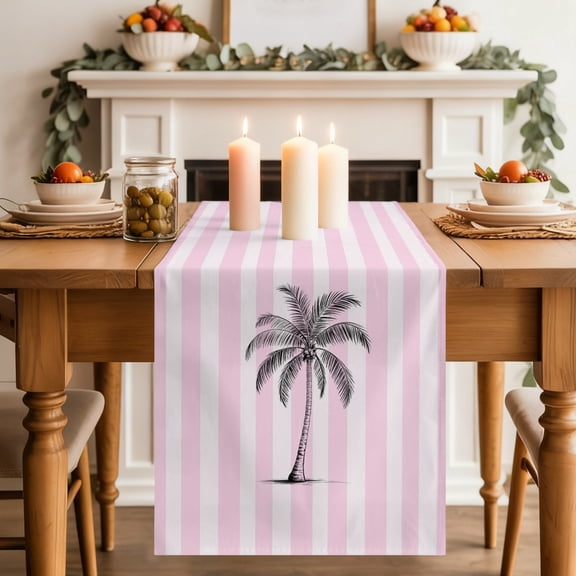 Black Palm Tree Dining Table Runner, Boho Summer Tropical Tree Coastal Pink Stripes Washable Table Runners Kitchen Coffee Table Center Decor for Home Party Holiday Wedding 13 x 36 Inches