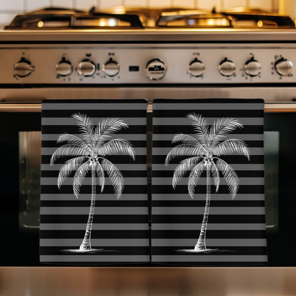 Black Palm Tree Kitchen Towels Set of 3, Summer Tropical Jungle Plants Striped Absorbent Dish Towels for Kitchen, Microfiber Hand Towel, Quick Drying Tea Towel for Cleaning Decorative Dishcloths