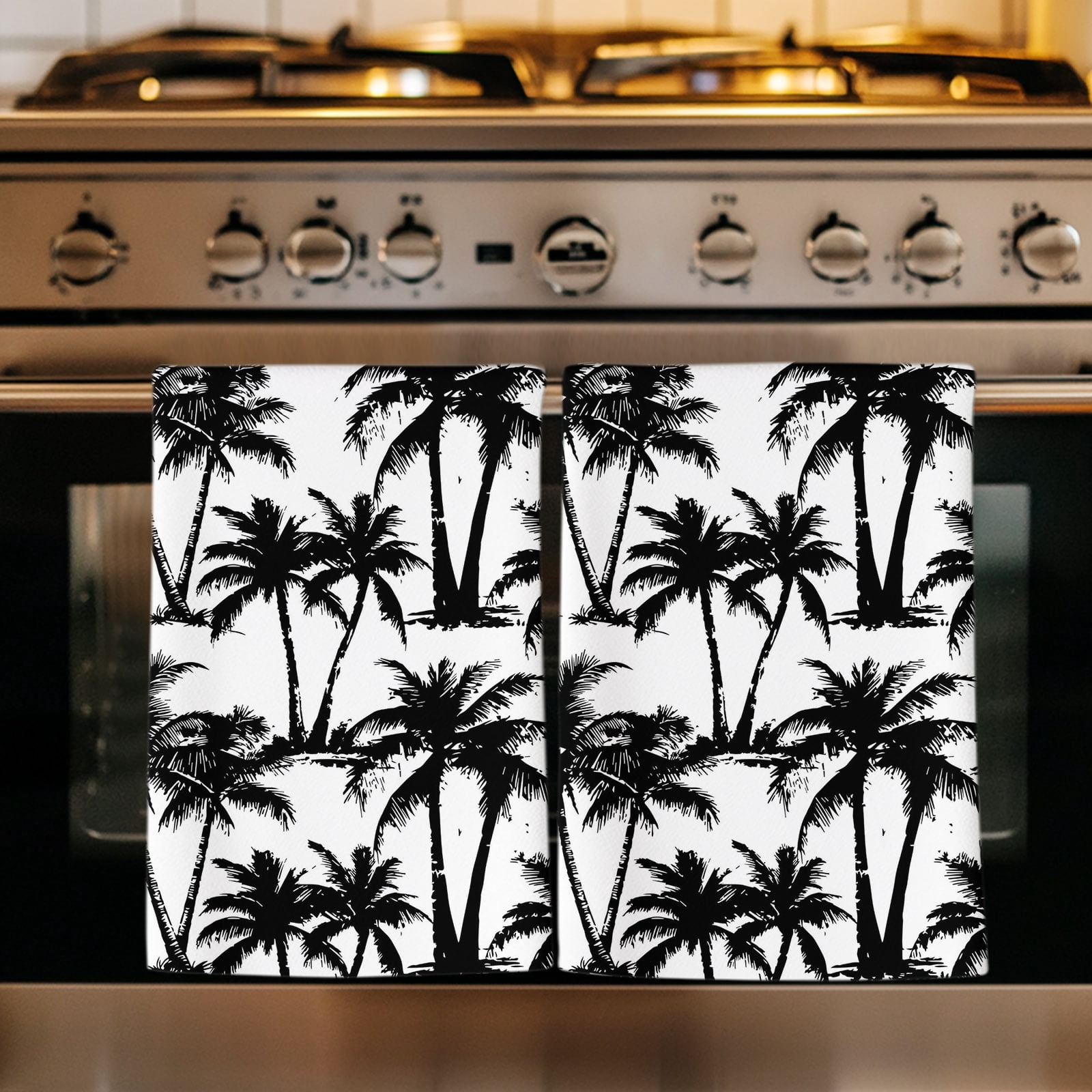 Black Palm Tree Kitchen Towels Set of 3, Summer Tropical Tree Coastal ...