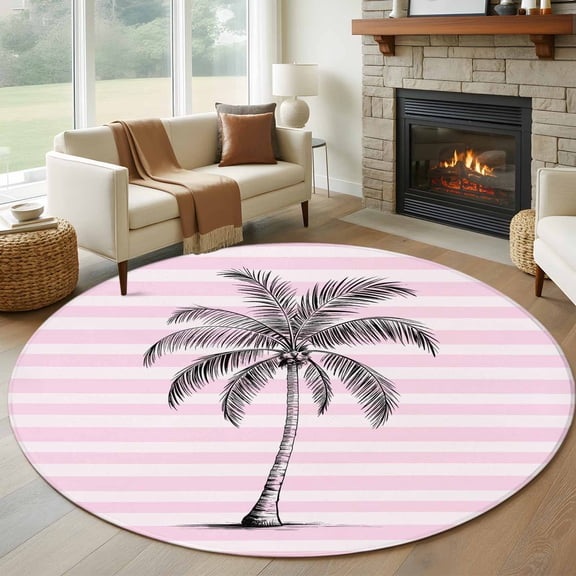 Black Palm Tree Round Rugs for Living Room 7ft Boho Summer Tropical Tree Coastal Pink Stripes Non Slip Circle Rug Washable Low-Profile Indoor Carpet for Bedroom, Dining Room, Bathroom