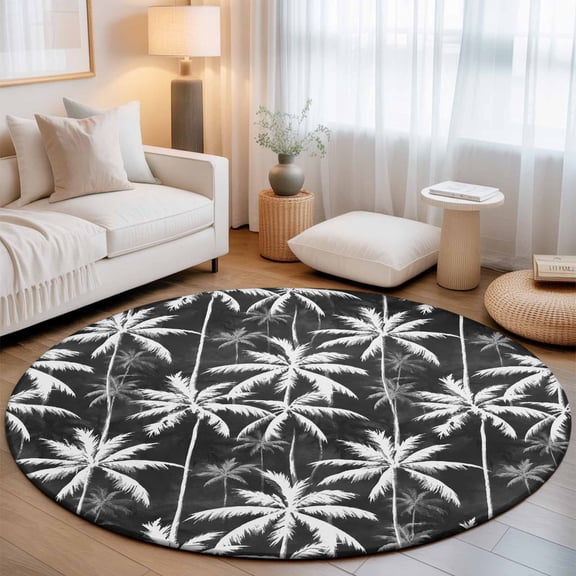 Black Palm Trees 3' Round Rug for Bathroom Accent Bedside Corner, Summer Coastal Tropical Country Beach Tree Leaves Washable Non Slip Soft Circle Area Rug for Small Spaces Entryway