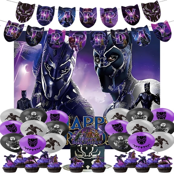 Black Panther Birthday Decoration - Hero Themed Party Supplies Set includes Cupcake Toppers, Cake Topper, Happy Birthday Banner, Balloons, Background