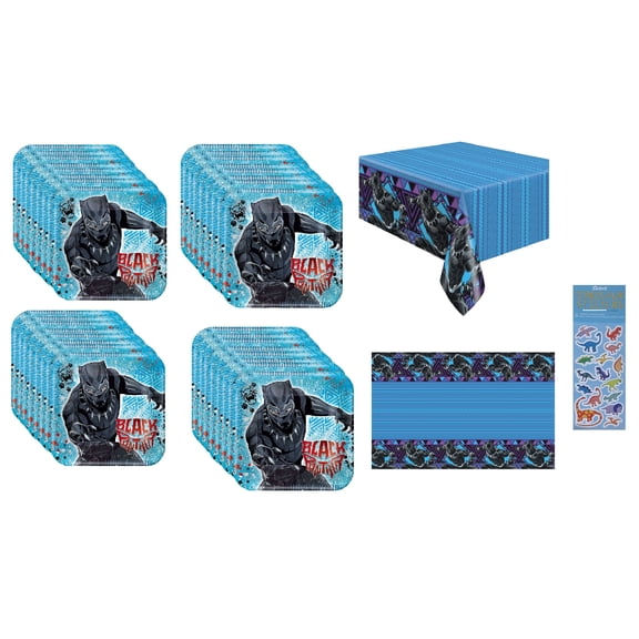 Black Panther Birthday Party Bundle includes 16 Dessert Cake Paper Plates 7", 16 Lunch Paper Plates 9", 1 Plastic Table Cover, 1 Dinosaur Sticker Sheet