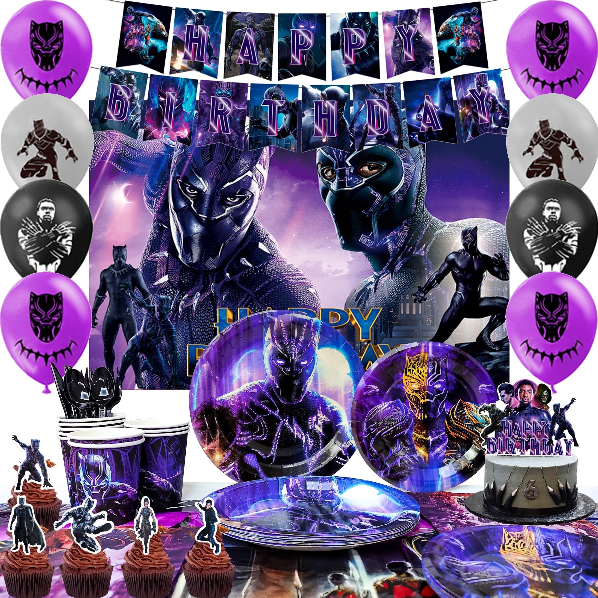 Black Panther Birthday Party Supplies, 112 Pcs Party Decoration Tableware Set - Black Panther Balloons Background Banner Tablecloth Plates etc. Black Panther Theme Party Supplies