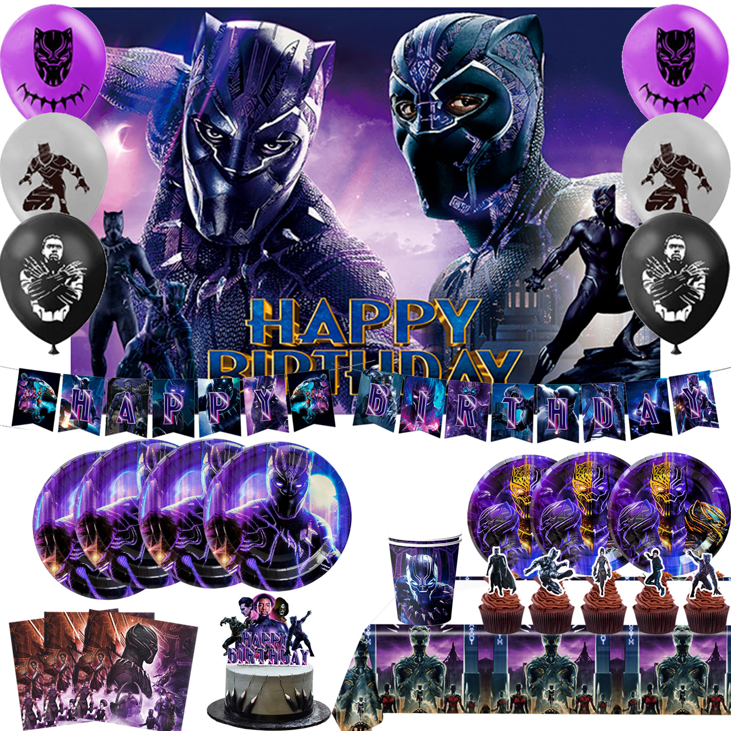 Black Panther Decorations,112pcsBlack Panther Party Decorations & Black Panther Tableware set-Black Panther Birthday Plates Napkins