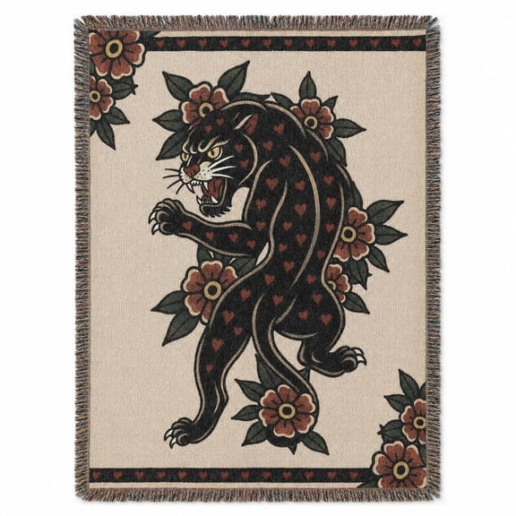 Black Panther Floral Woven Cotton Throw Blanket with Fringe, Tattoo-Style Art