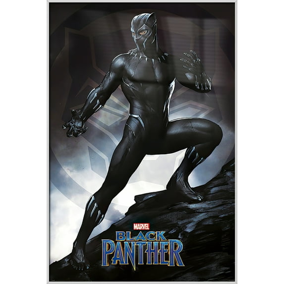 Black Panther - Framed Marvel Movie Poster (Panther / Stance) (Size: 25" X 37") (Shiny White Aluminum Frame)