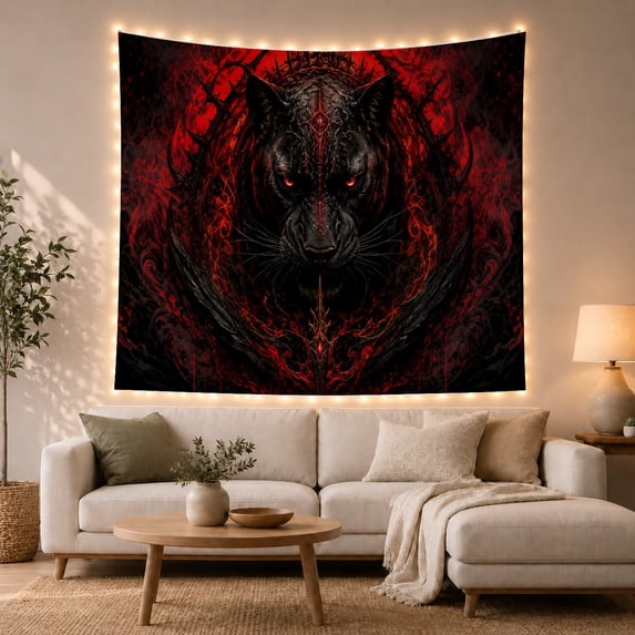 Black Panther with Glowing Red Runes in Smoky Crimson Embers, Dramatic Gothic for Dark Art Lovers, Mystical Wall Art Decor Halloween Gift Tapestry Wall Hanging for Bedroom and Living Room
