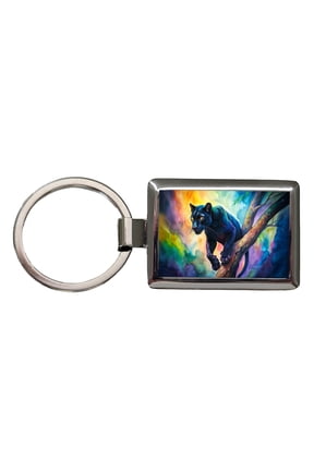 Black Panther In Tree Watercolor Metal Rectangle Keychain