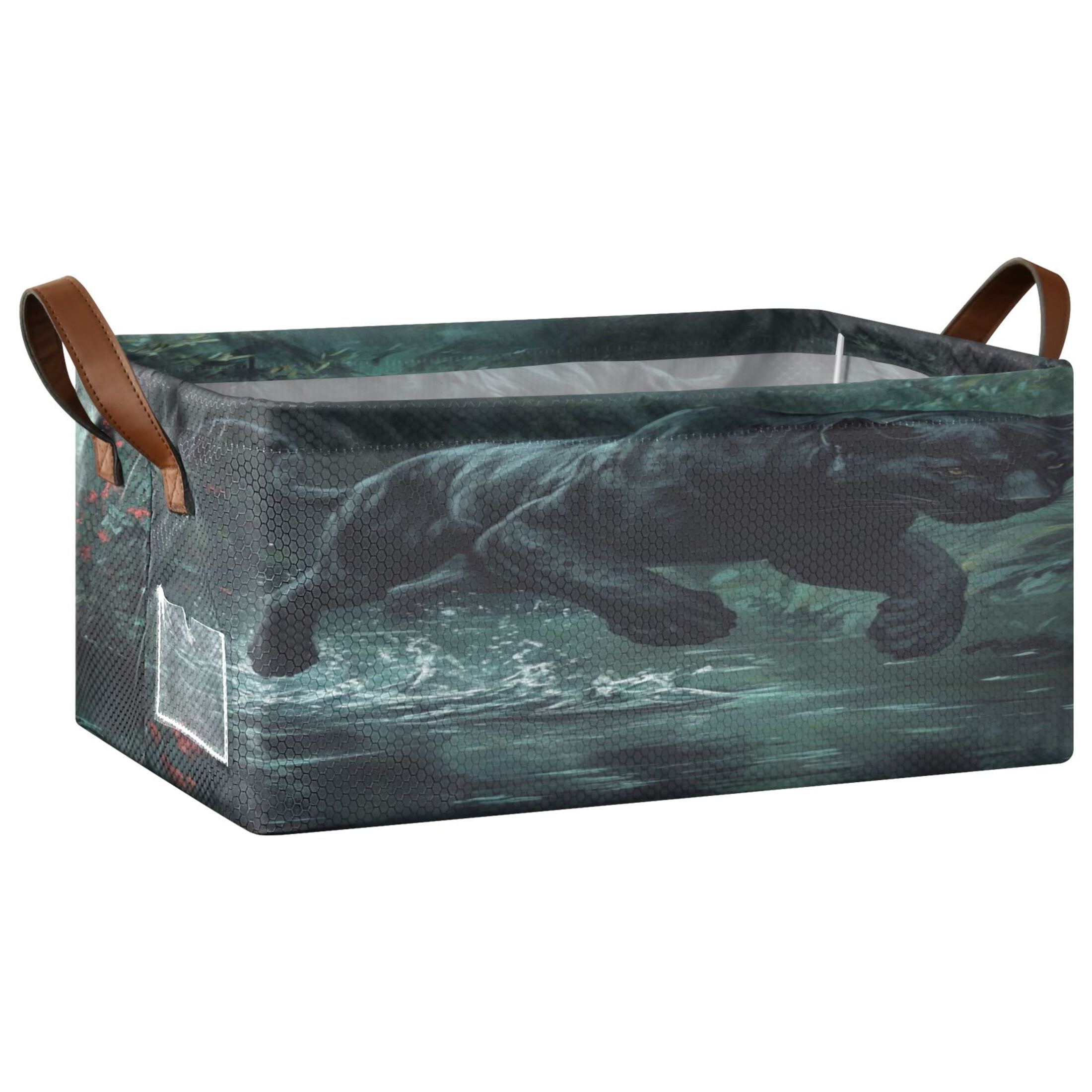 Black Panther Leaping over Water Storage Basket Soccer Plaid Fabric Hoard Box Oversized Collapsible Closet Organizer with Metal Iron Frame 16.9×11.4×7.7in