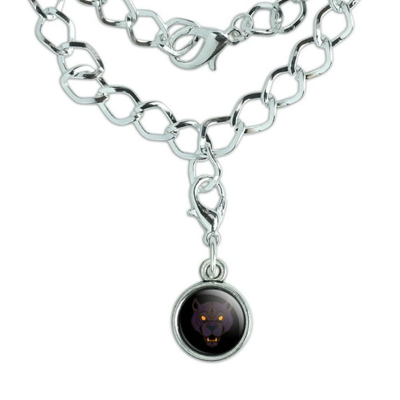 Black Panther Leopard Jaguar Face Tribal Silver Plated Bracelet with Antiqued Charm