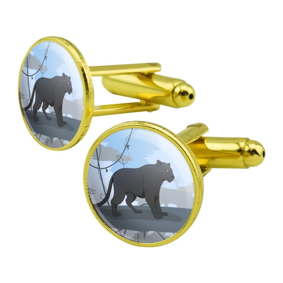 Black Panther Leopard Jaguar Forest Round Cufflink Set Gold Color